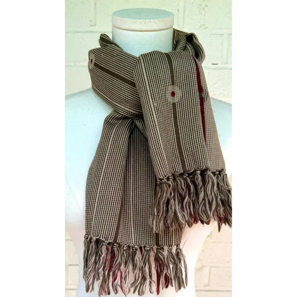 Penhaligon's London 1870 Italy 100% Wool Fringe Scarf Brown Burgundy Striped
